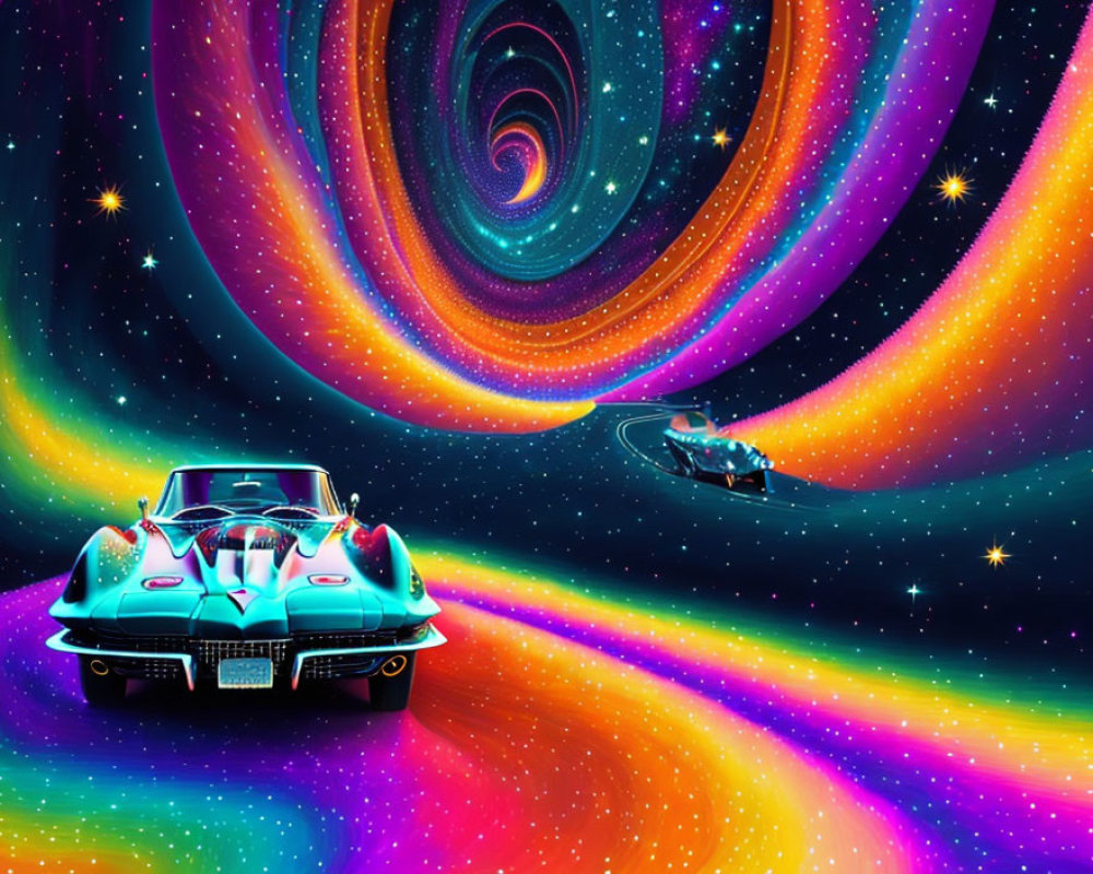 Vintage Car and Futuristic Vehicle in Psychedelic Space with Neon Colors