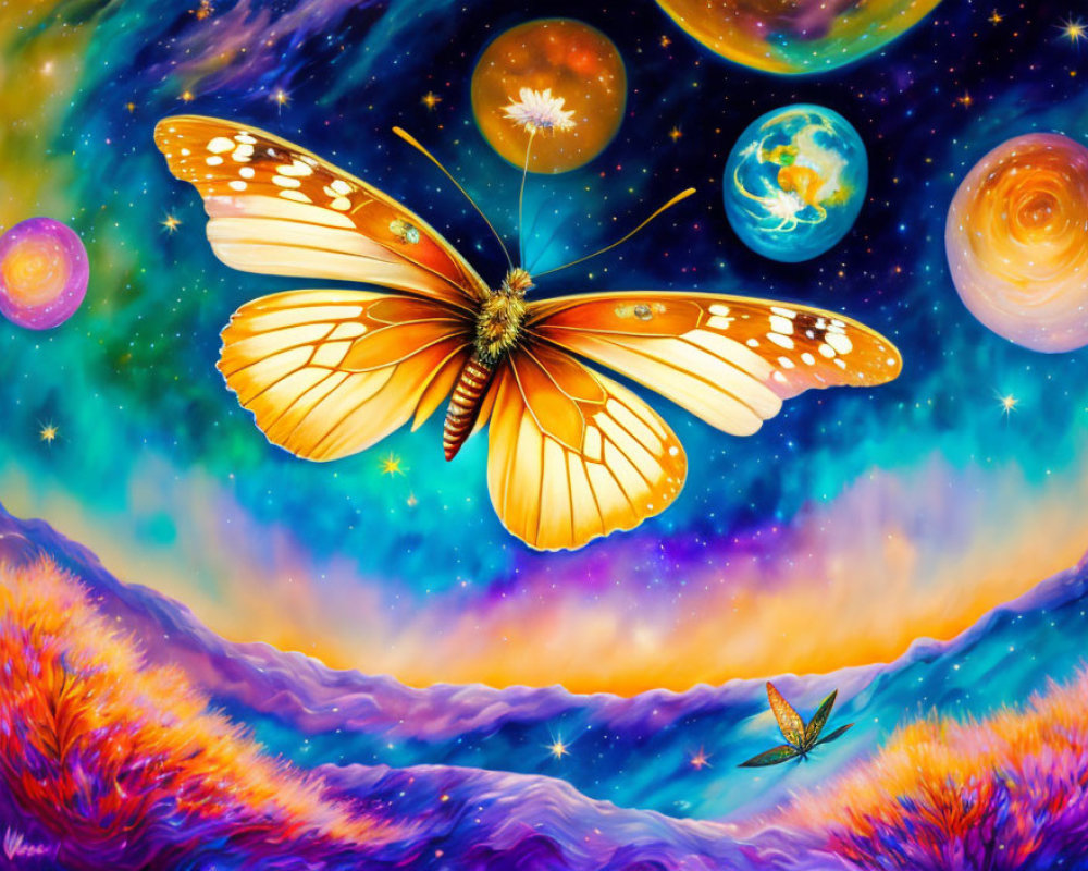 Colorful Butterfly Flying in Cosmic Scene