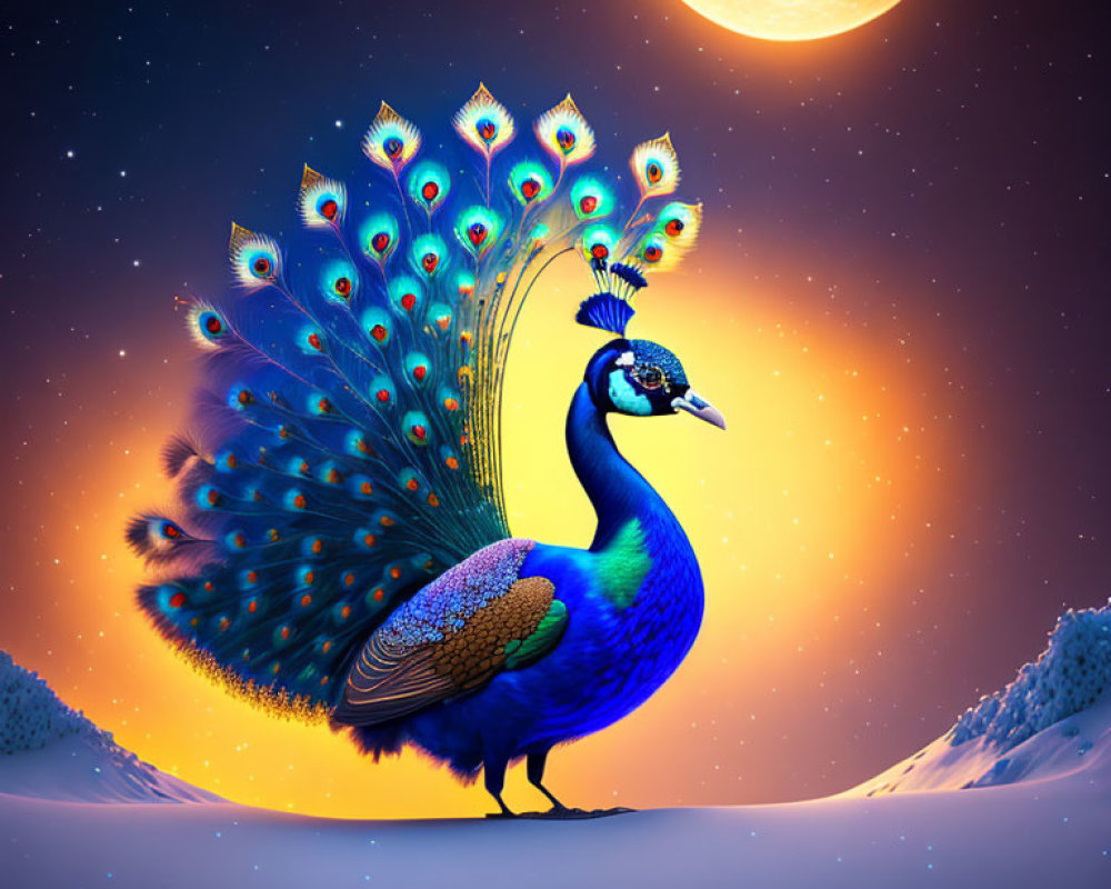 Colorful peacock with magnificent tail feathers in snowy moonlit night