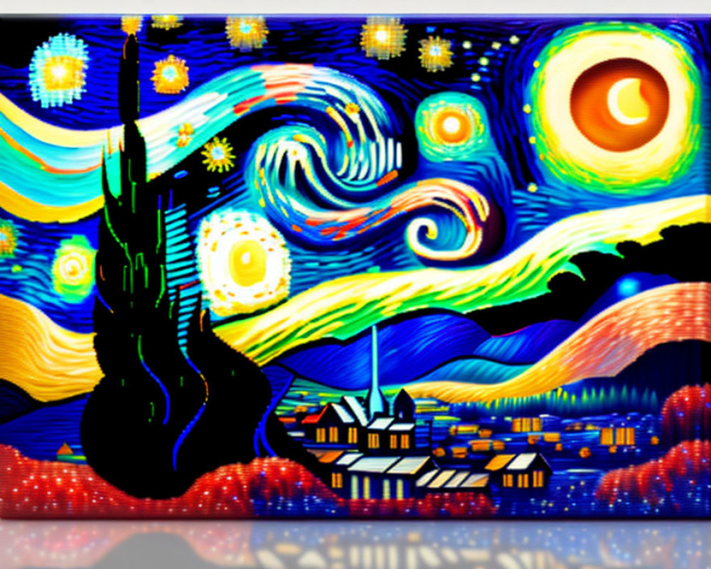 Vibrant interpretation of swirling skies and peaceful village scenery