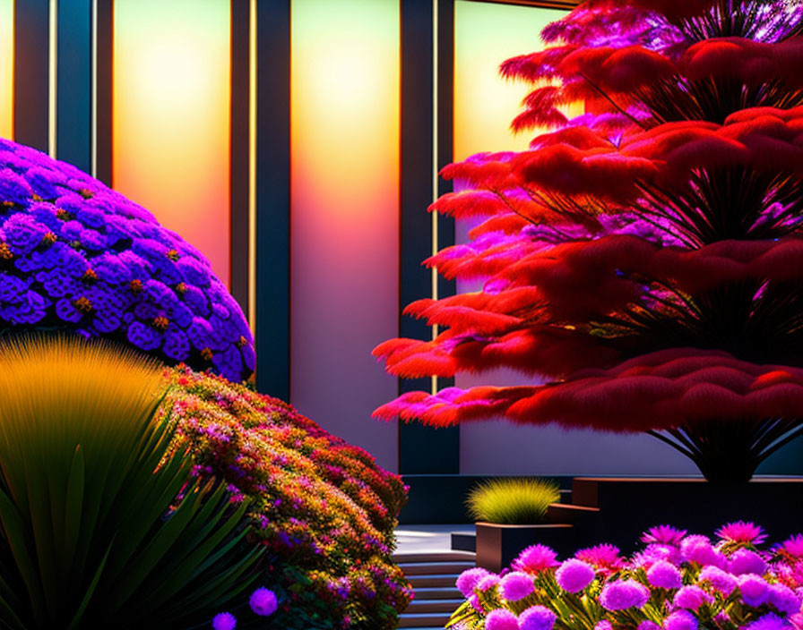 Colorful garden scene with vibrant flowers and psychedelic backdrop