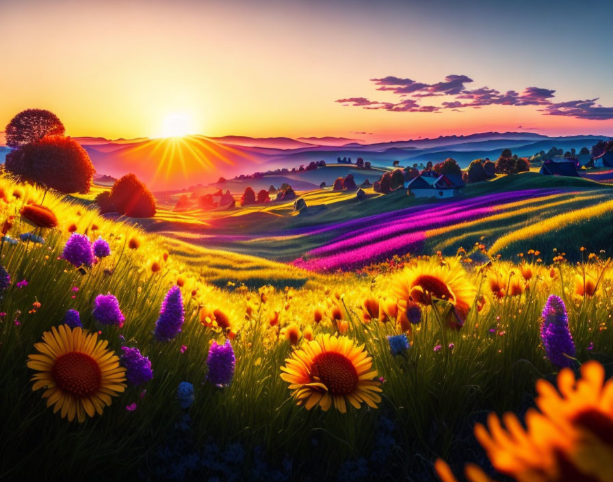 Vibrant countryside sunset with colorful flowers and silhouetted hills