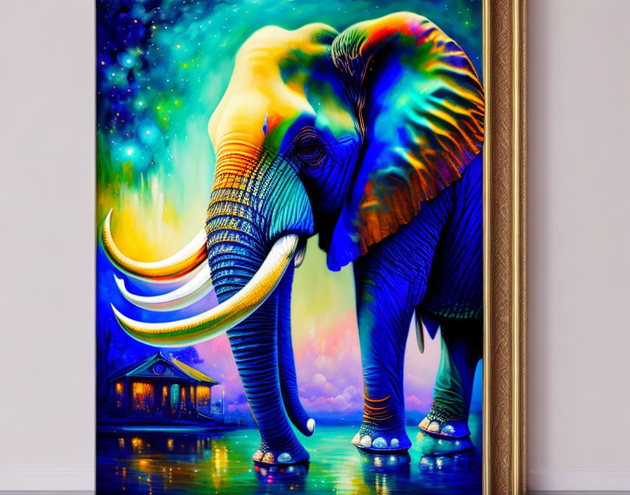 Colorful Psychedelic Elephant Painting with Exaggerated Tusks in Frame