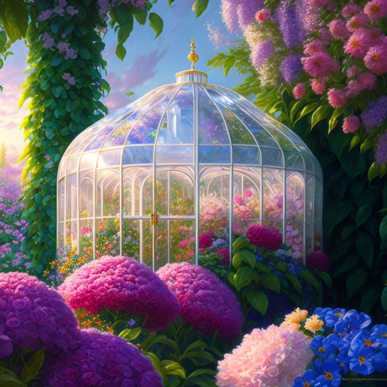 Colorful painting of glass dome greenhouse in lush garden with oversized hydrangeas