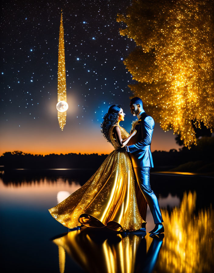 Formal Attired Couple by Tranquil Lake Under Starry Night Sky