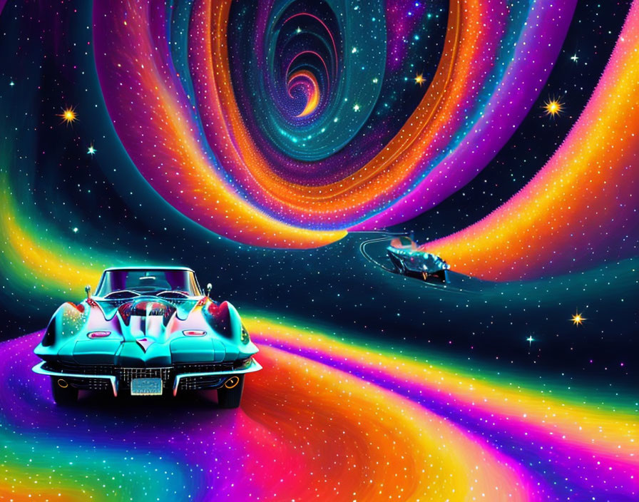 Vintage Car and Futuristic Vehicle in Psychedelic Space with Neon Colors