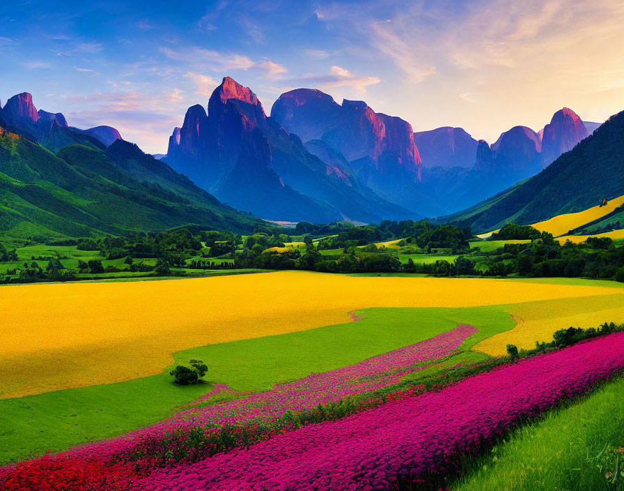 Vibrant green fields, colorful flowers, and majestic mountains under a vivid sunset sky