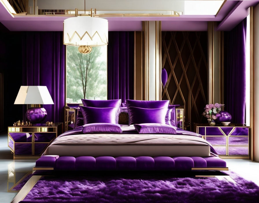 Luxurious Purple and Gold Themed Bedroom with King-Sized Bed and Ornate Wall Paneling