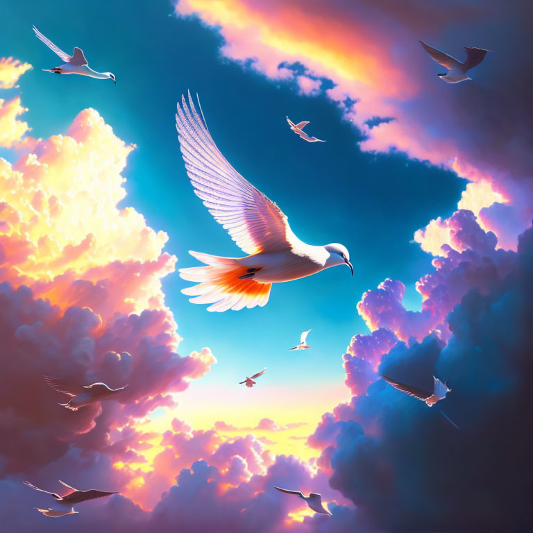 Colorful Birds Flying in Dreamy Sky Gradient