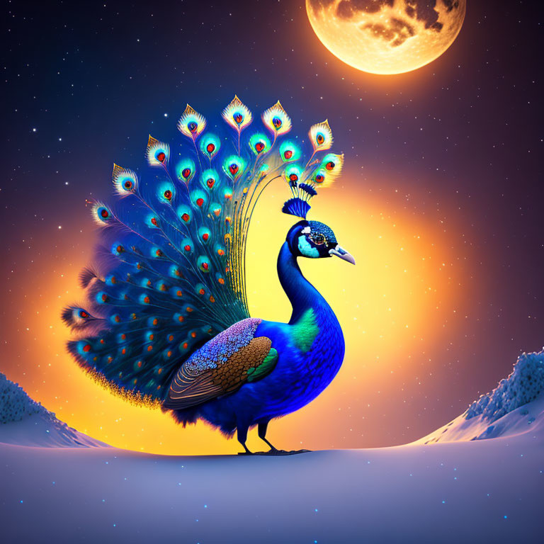 Colorful peacock with magnificent tail feathers in snowy moonlit night