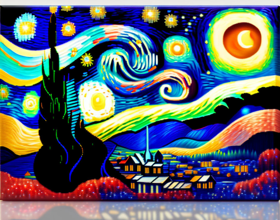 Vibrant interpretation of swirling skies and peaceful village scenery