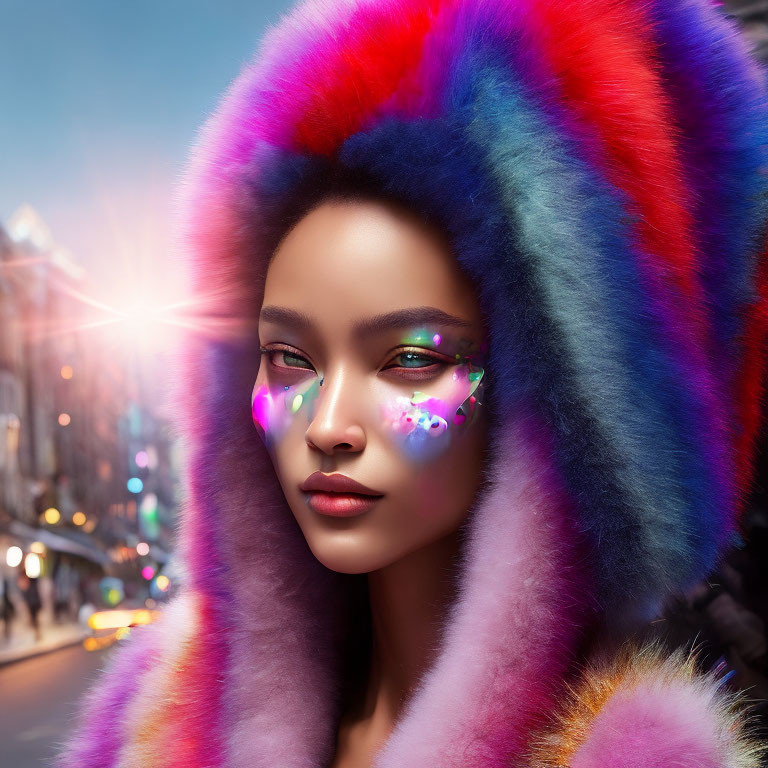 Colorful Fur Hood Woman with Striking Makeup in Urban Twilight Setting