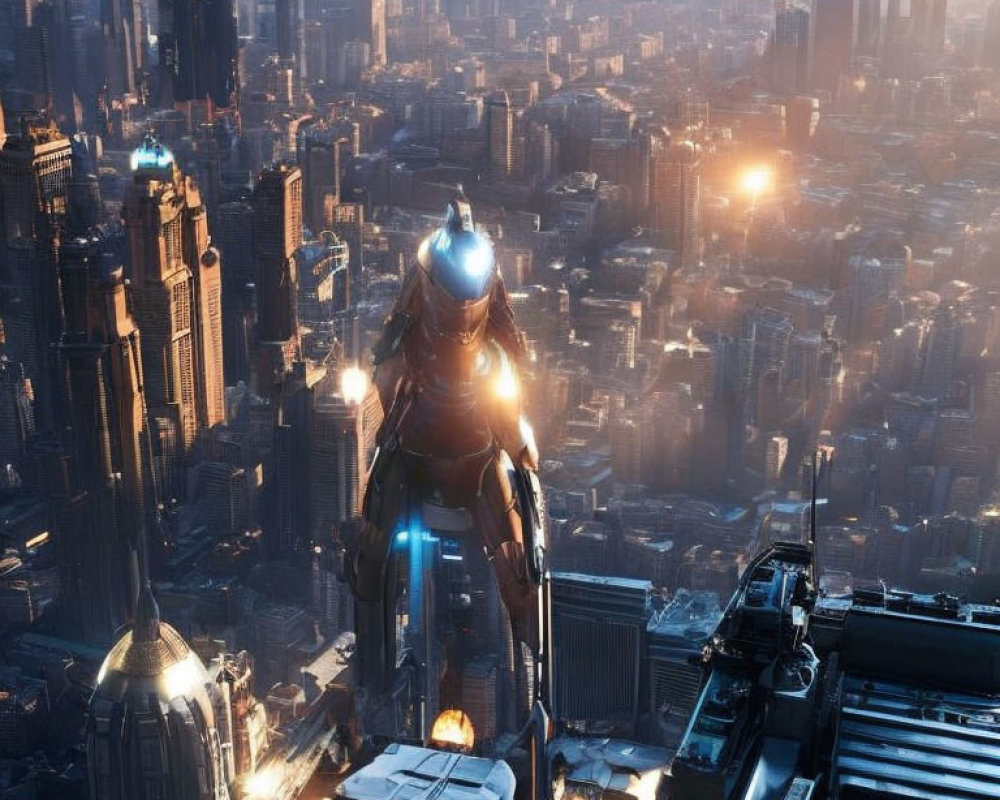 Futuristic cityscape with towering skyscrapers and robotic figure at dusk