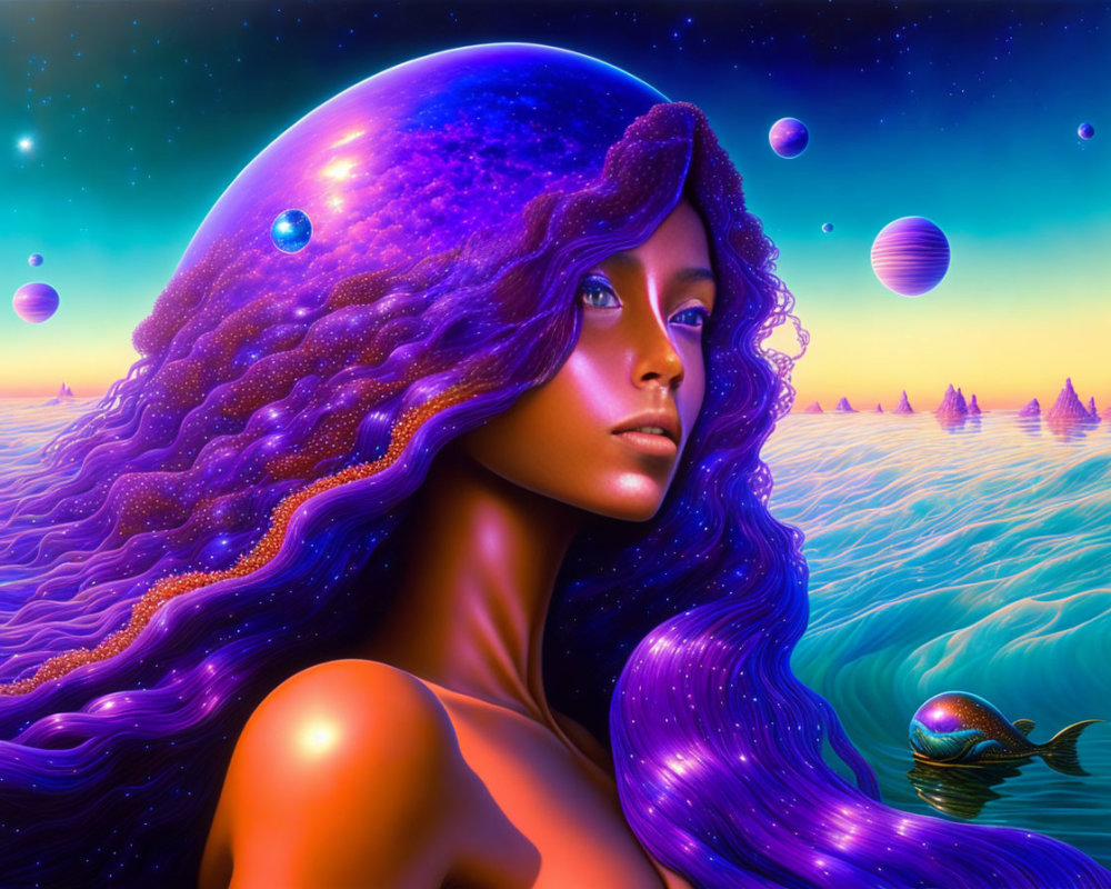 Colorful illustration: Woman with purple hair in cosmic landscape