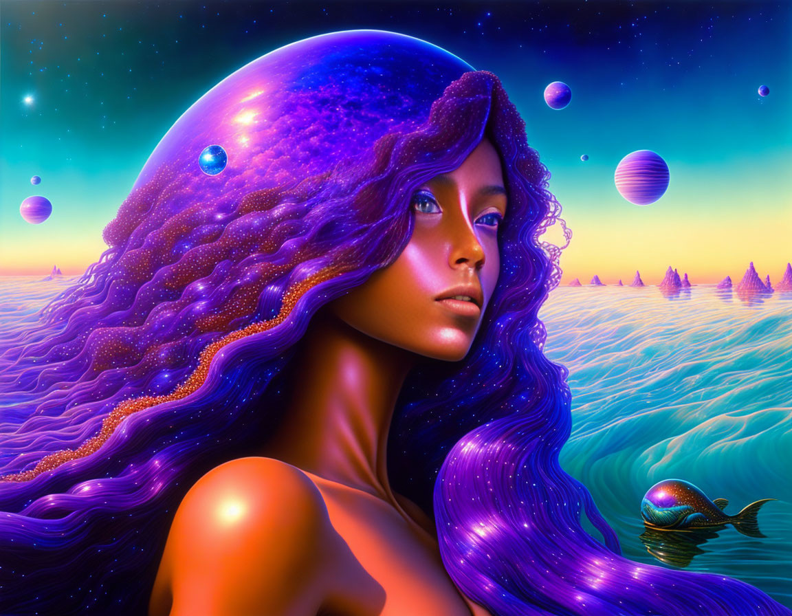 Colorful illustration: Woman with purple hair in cosmic landscape