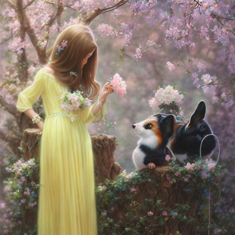 Woman in Yellow Dress with Corgi Dogs and Pink Blossoming Tree