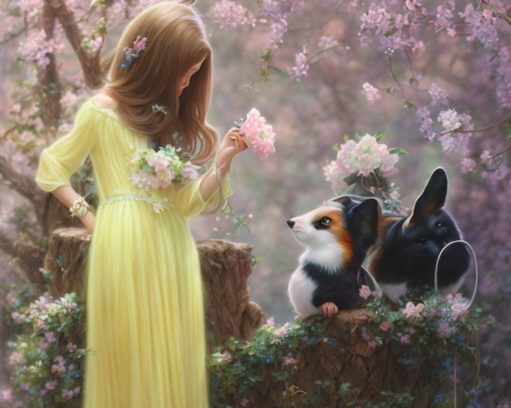 Woman in Yellow Dress with Corgi Dogs and Pink Blossoming Tree