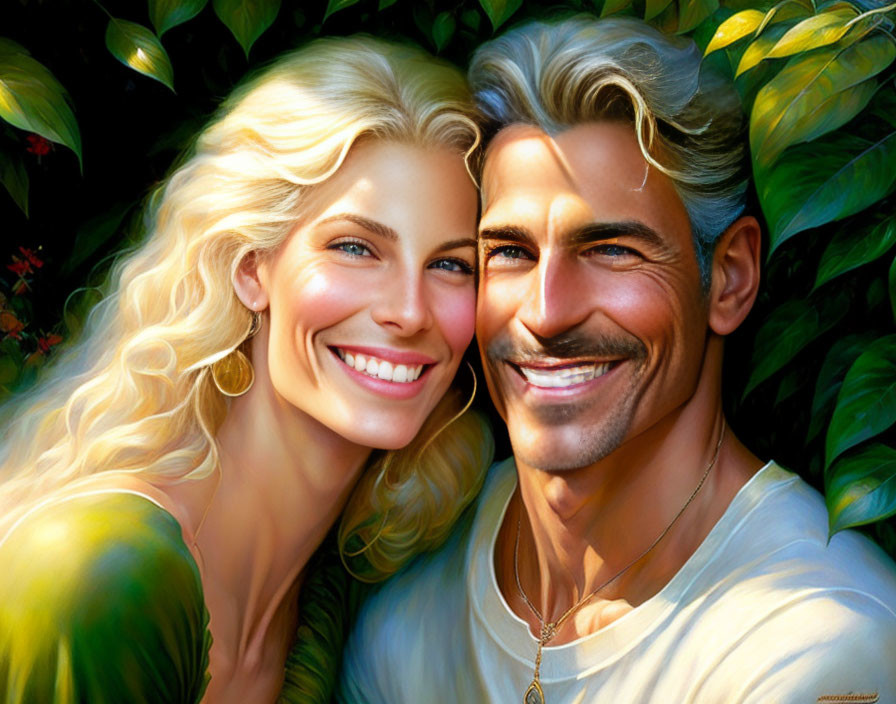 Blonde-haired couple embracing in front of leafy background