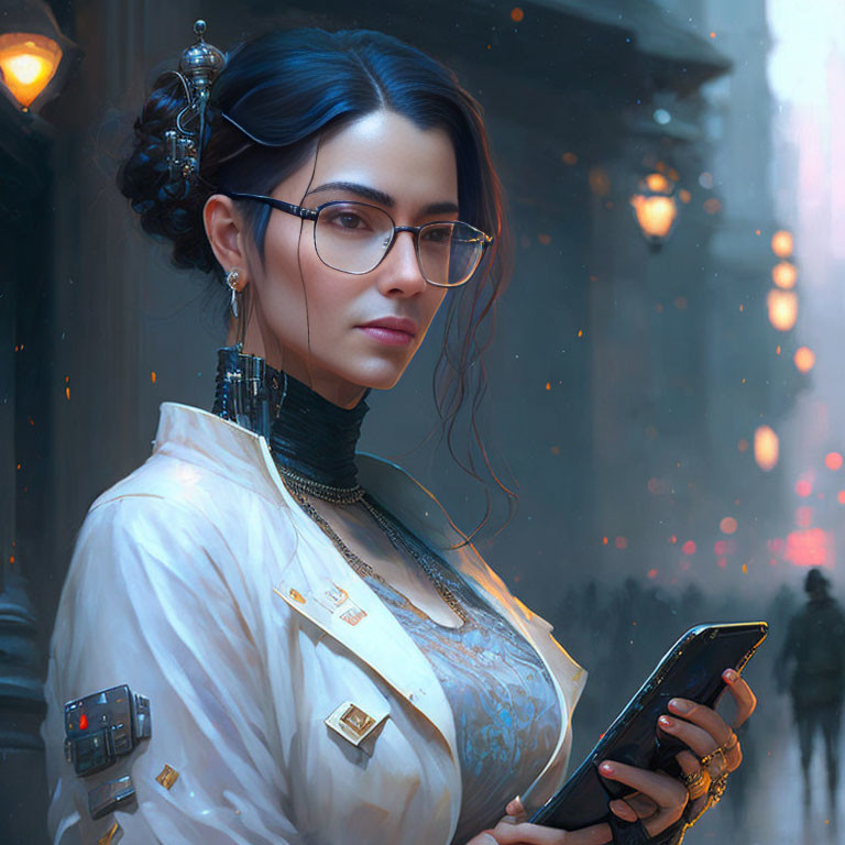 Woman in futuristic attire with glasses holding device against cityscape.