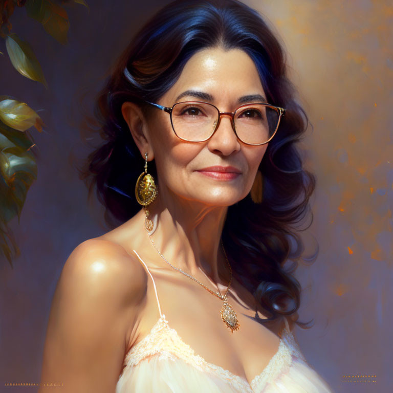 Smiling woman with glasses, gold jewelry, against leafy backdrop