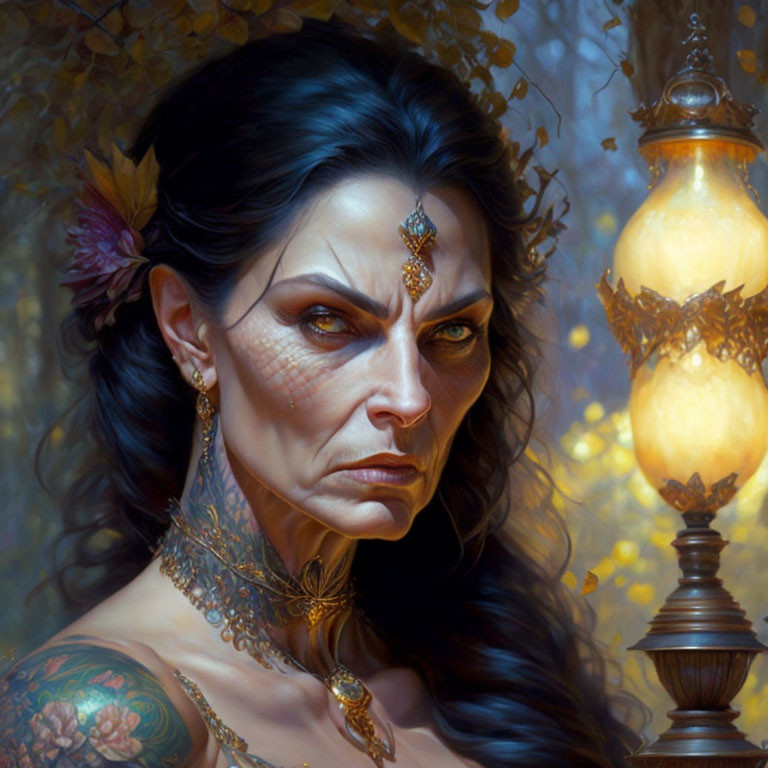 Portrait of Woman with Tattoos and Jewelry by Lantern