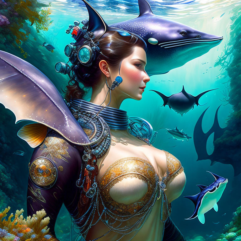 Fantasy Artwork: Mermaid-like Woman with Aquatic Gear, Exotic Fish, and Vibr