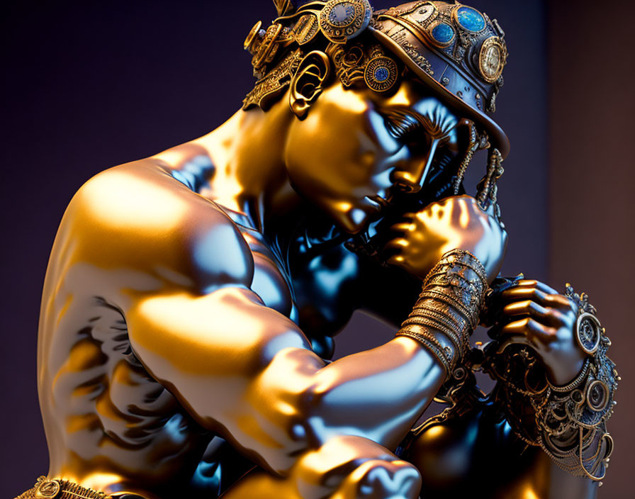 Muscular figure in steampunk jewelry and headgear poses under warm lighting