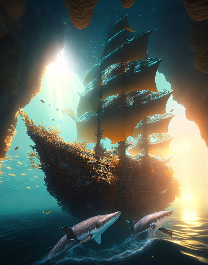 Sunken ship with towering masts surrounded by fish and sharks underwater