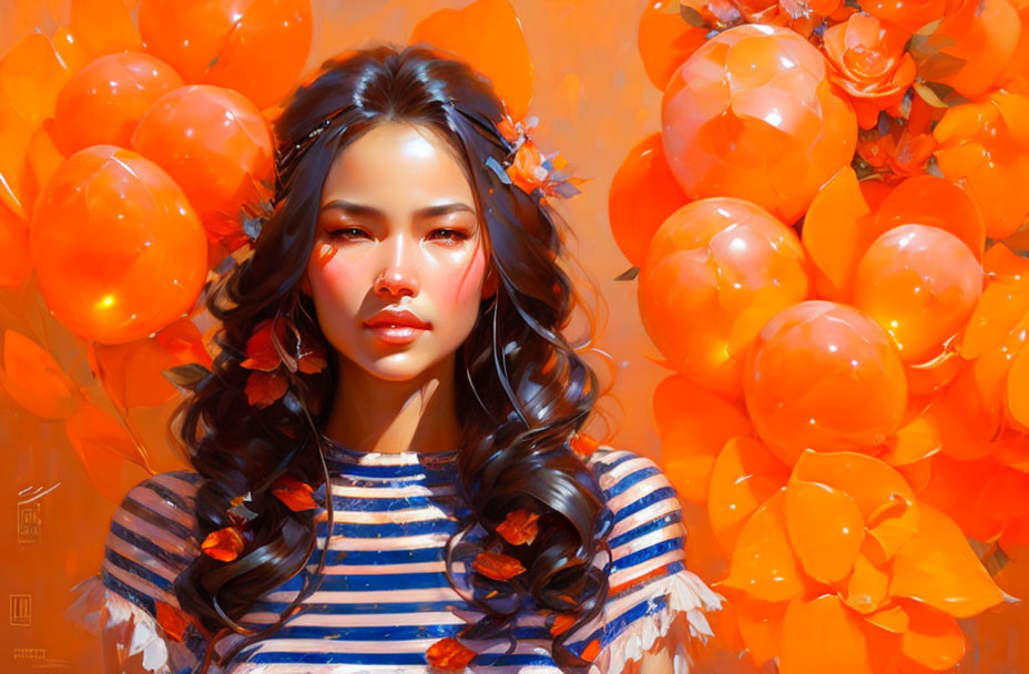 Digital Artwork: Woman with Long Hair Surrounded by Orange Balloons and Autumn Leaves