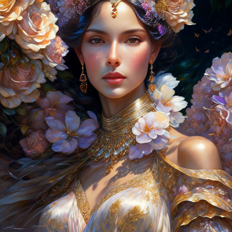 Woman portrait with floral and gold jewelry in blooming flower setting