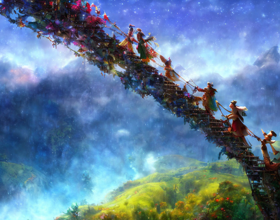 Colorful Illustration: People Crossing Ladder Bridge in Fantastical Landscape