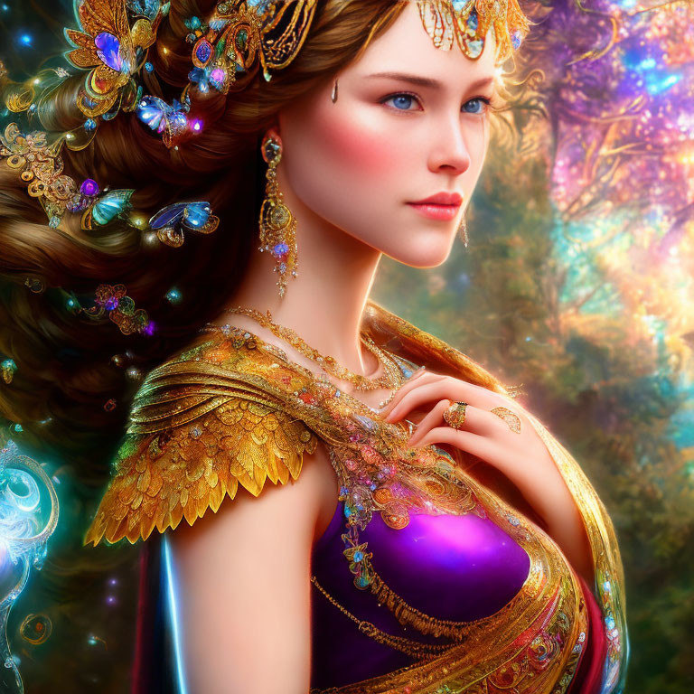 Intricate fantasy artwork of woman with golden headpieces in magical forest