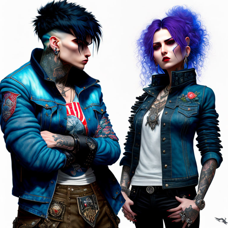 Stylized characters in punk fashion with unique hairstyles and tattoos.