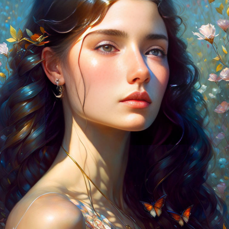 Digital portrait of young woman with wavy hair, flowers, sunlight, and butterflies.