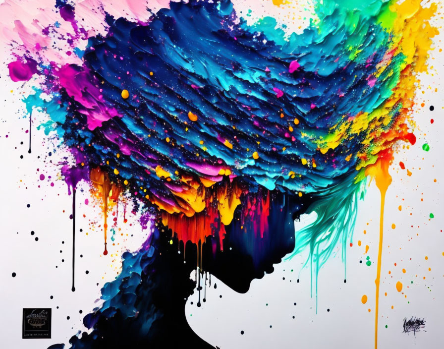 Colorful paint splash hairdo silhouette against black and white background.