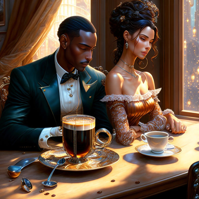 Stylish couple in green and orange attire in luxurious setting with coffee