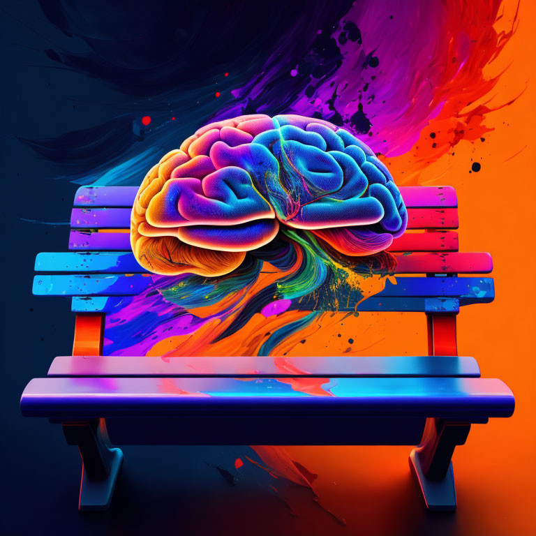 Colorful Human Brain on Park Bench Against Neon Swirl Background