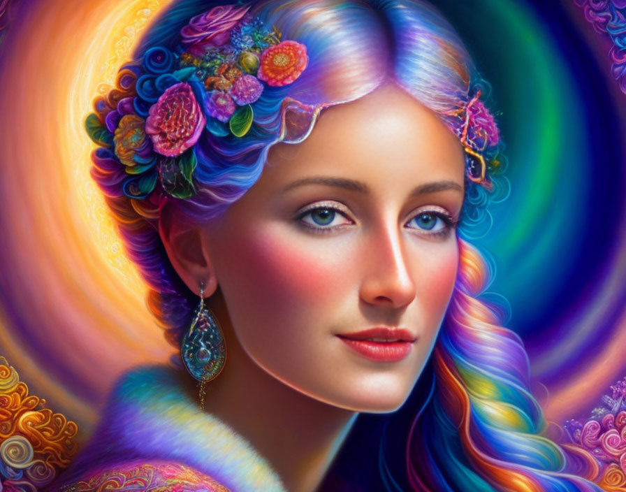 Colorful portrait of a woman with flowing hair and flowers on psychedelic background