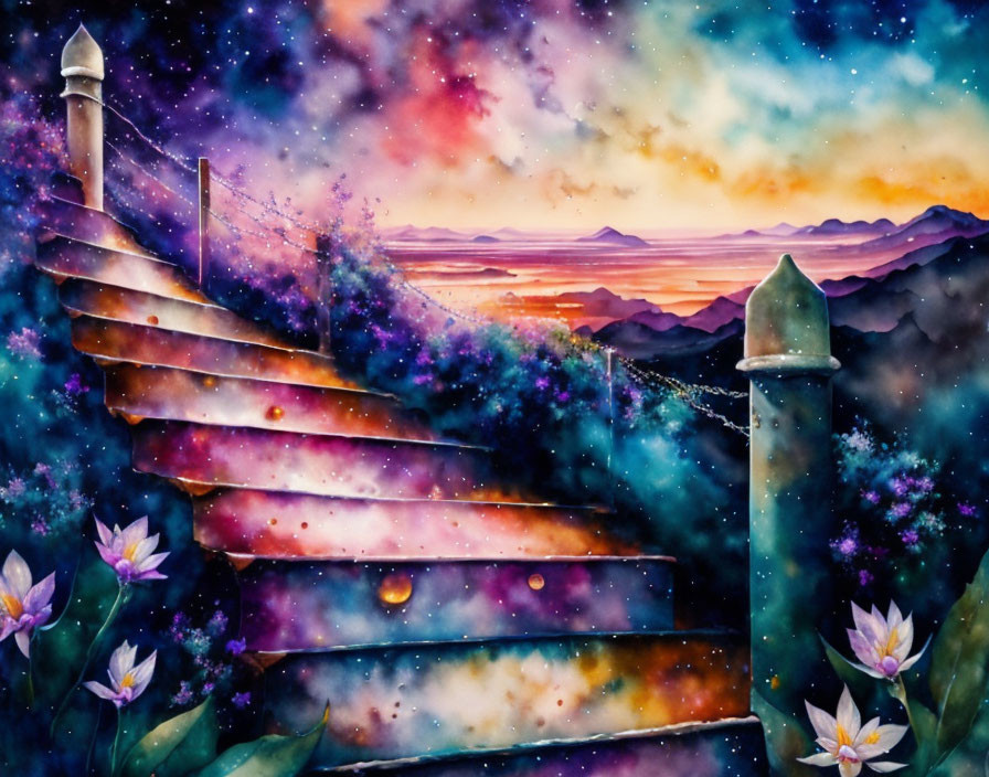 Colorful Watercolor Painting of Mystical Stairway and Sunrise Landscape