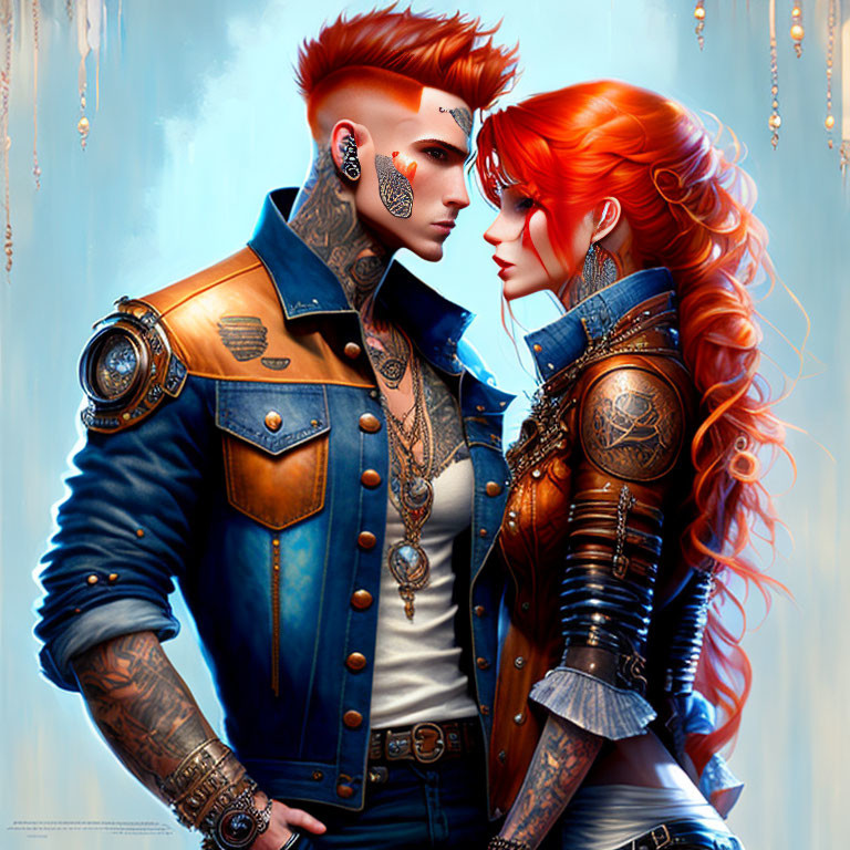 Stylized characters with red hair in steampunk outfits embrace