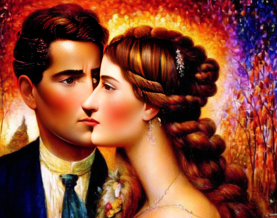 Colorful painting of couple in profile with touching noses on warm background