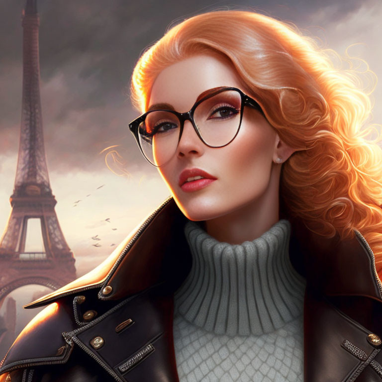 Red-haired woman in glasses with Eiffel Tower backdrop.