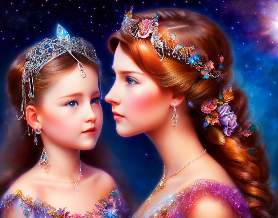 Woman and girl in elegant attire against starry backdrop