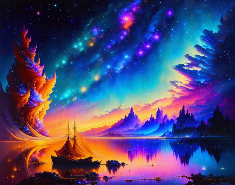 Fantasy painting: Fiery phoenix over lake with ship and colorful mountains