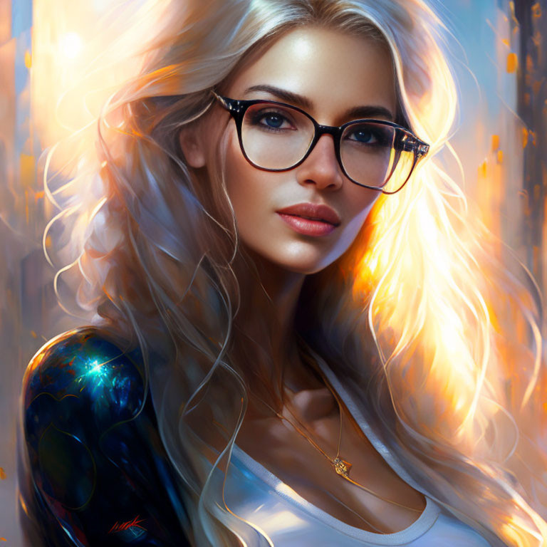 Blonde woman with glasses in warm glowing light