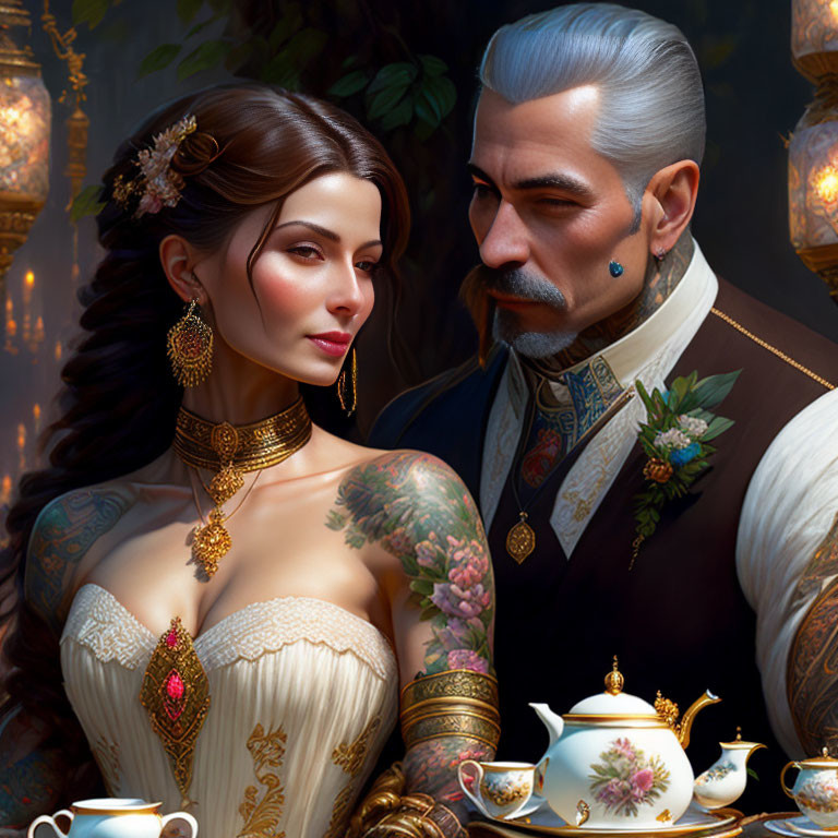 Illustrated man and stylish woman with Victorian attire in luxurious, dimly lit setting