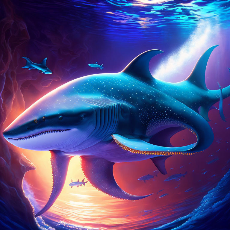 Bioluminescent shark in vibrant underwater scene with ambient light