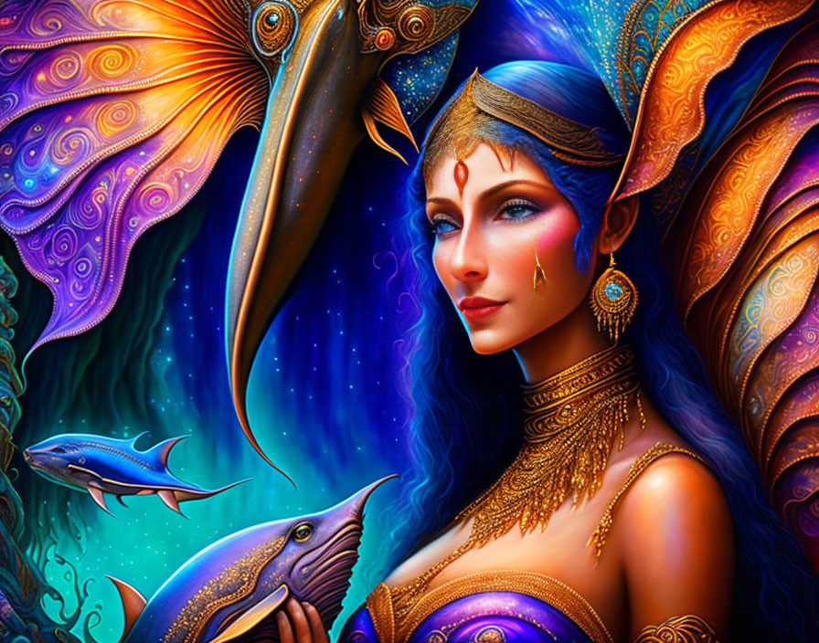 Colorful fantasy artwork: Woman with blue skin and intricate golden jewelry in cosmic setting