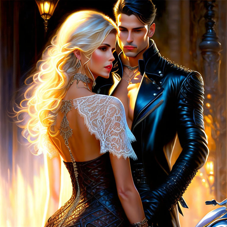 Glamorous couple in lace dress and leather jacket against fiery backdrop