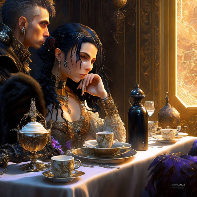 Gothic-styled couple at opulent dining table with fine china and candelabrum